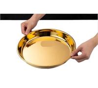 Assiettes Plates en Métal Grand plateau rond en acier inoxydable doré, de service épais, plat à steak, for dîner, barbecue, grill, plats viande(32cm)