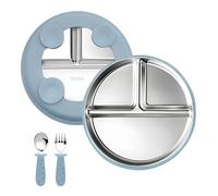 Assiettes pour tout-petits, Assiette compartimentée en acier inoxydable avec ventouse en silicone, cuillères et fourchettes enfants vaisselle