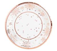 Assiettes Rond Dessert Carton de 18 cm - Vaisselle Noël sur le thème Flocon de Neige Or Rose - Pack 8 pièces - Noël (Assiette Dessert)