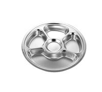 Assiettes rondes divisées en acier inoxydable, assiettes à dîner for la nourriture, vaisselle de maison, cantine, récipient déjeuner, plateau plats collation(28cm Five Grid)