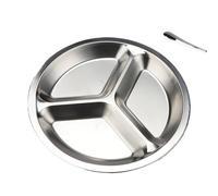 Assiettes rondes en acier inoxydable, assiettes di Assiette plate compartimentée en acier inoxydable argentée à 3 sections, 22-24 cm(24CM)