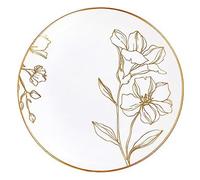 Assiettes Rondes Lavables Blanc Fleur Dorée, Taille au Choix avec Bordure Dorée, 10 Pièces, Grande 26cm - Petite 19cm, Plastique PVC Brillant, Lavable au Lave-vaisselle, Décoration Mariage (26 cm)