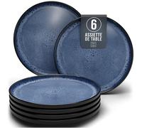 Assiettes Service de Table: Ensemble de 6 grandes assiettes en grès Ibiza - élégantes, compatibles lave-vaisselle et micro-ondes - Service vaisselle 6 personnes, assiettes noires bleu profond