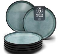 Assiettes Service de Table: Ensemble de 6 grandes assiettes en grès Ibiza - élégantes, compatibles lave-vaisselle et micro-ondes - Service vaisselle 6 personnes, Pure Living bleu pétrole foncé