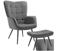 Assise - TECTAKE - Fauteuil HYGGE en acier et polyester à l'aspect velours côtelé fin avec tabouret - Anthracite/Noir