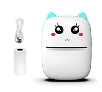 Assistant d'impression sans encre pour étudiants, imprimante portable en forme de visage de chat, petit appareil sans fil avec câble USB et rouleau de papier thermique, bleu