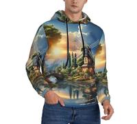 ASSORT Sweat-shirt à capuche décontracté à manches longues pour homme avec poche Motif moulin à vent coucher de soleil, noir, Medium