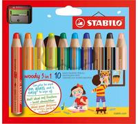 (Assorted Colours, Pack of 10, Pencil with Sharpener) - STABILO Woody 3-in-1