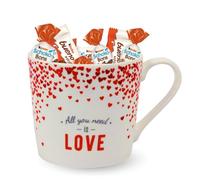 Assortiment 25 Chocolats Kinder Bueno Mini & Schoko-Bons dans Mug "All You Need Is Love" Motifs Cœurs | Idée Cadeau Saint-Valentin, Fête des Mères & Couple - Coffret Gourmand Prêt à Offrir