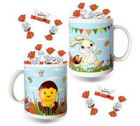Assortiment de Chocolats de Pâques | 2 Mugs Poussin et Lapin garnis de 20 bonbons de chocolats : Kinder Schokobons et Mini- Bueno | Coffret Idéal à Offrir ou à Cacher