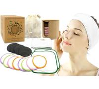 Assortiment de disques démaquillants réutilisables respectueux de l’environnement Grands, doux et lavables. Coffret cadeau avec disques de bambou, lingettes, serre-tête et sac de lavage.