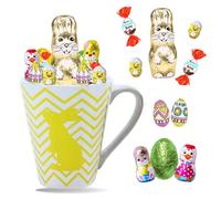 Assortiment de Petits Chocolats de Pâques | Tasse Jaune garnie de 20 Confiseries : KINDER Schokobons, Moulage Lapin, Figurines et Œufs | Idéal à Offrir, Cacher ou comme Décoration de Pâques