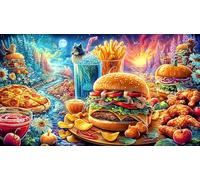 Assortiment de Restauration Rapide Comprenant Hamburgers, Frites, Pizzas et Boissons Puzzle 1000 pièces pour Adultes - Papier recyclé Décoration Murale & Cadeau Familial Amusant 38x52/1000pcs