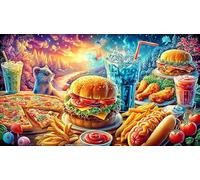 Assortiment de Restauration Rapide Comprenant Hamburgers, Frites, Pizzas et Boissons Puzzle 1000 pièces - Papier recyclé Puzzle pour Adultes et Enfants DéFi éduchatiF 38x26/1000pcs