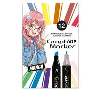 Graph'it - Set de 12 marqueurs à alcool double pointe fine et biseautée, rechargeables