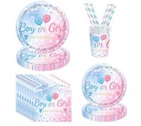 ASSUGO Lot de 60 ustensiles de décoration de fête pour garçon ou fille, comprend assiettes, serviettes pour bébé, gobelets, pailles, convient pour la décoration de fête prénatale pour filles et