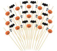 Astaron 150 pcs Pics à Cocktail Citrouille d'halloween pour Fournitures de Fête d'halloween Chauves-Souris en Bois et Crâne Pics à Cocktail 12cm Pics à Apéritif Fourchettes à Fruits