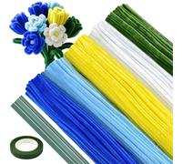 ASTARON 521 cure-pipes pour loisirs créatifs, 5 couleurs de tiges de chenille pastel pour l'artisanat, Kit de fabrication de fleurs avec fils floraux, ruban de jardinage (série bleu et jaune)