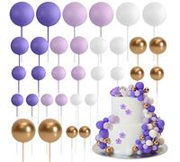 ASTARON Lot de 32 décorations de gâteau en forme de boules Mini ballons Bâtonnets de décoration de gâteau Boules en mousse Pics à gâteau pour fête de mariage Anniversaire (or violet)