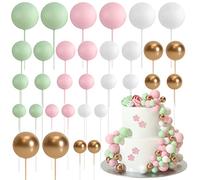 ASTARON Lot de 32 décorations de gâteau en forme de boules Mini ballons Bâtonnets de décoration de gâteau Boules en mousse Pics à gâteau pour fête de mariage Anniversaire (Rose vert)