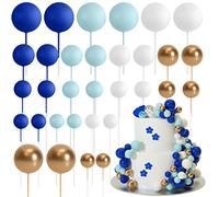 ASTARON Lot de 32 décorations de gâteau en forme de boules Mini ballons Bâtonnets de décoration de gâteau Boules en mousse Pics à gâteau pour fête de mariage Anniversaire (Or bleu)