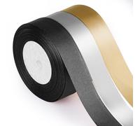 ASTARON Ruban de satin pour loisirs créatifs, 2.5 cm, couleur unie, noir et or, pour cadeaux, bouquets, emballages, nœuds pour cheveux, décorations de fête, anniversaire, remise de diplôme, Nouvel An