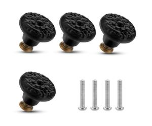 ASTER 4 Pièces Boutons de Meuble Noirs, Boutons d'Armoire Vintage avec Vis, Motif Fleurs Boutons de Tiroir Ronds pour Commode, Tiroirs, Placards à Chaussures, Placards de Cuisine