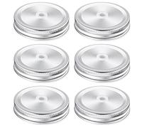 ASTER Lot de 6 couvercles de bocaux Mason avec trou de paille - 70 mm Couvercles de Pots Mason pour bocaux à ouverture normale, couvercles de conserves étanches en acier inoxydable, Argentés