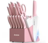 Astercook Knife Set, Kitchen Knives Set with Block and Sharpener Ceramic Coating 15 Pcs German Stainless Steel Knives Sharp Blade Dishwasher Safe Knife Block Set with Ergonomic Handle, Crystal Pink