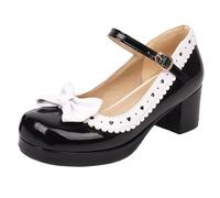 Asterisco Femme Bloc Mary Jane avec Plateforme Bowknot Talons Moyen Chaussures Bout Rond Boucle Elegant Pumps, Y29325Nk Noir Taille 45 EU/47Cn