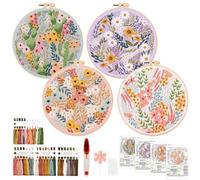 ASTNIC 4 Pièces Kit de Point de Croix Broderie Kit Plantes Fleurs Broderie Débutant, Complète Kit de Démarrage de Broderie Outil avec des cercles de broderie et du tissu, des fils de coul