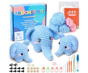 ASTNIC Kit de crochet pour débutants - 3 animaux - Tricot pour débutants - Avec fil à crochet et instructions vidéo étape par étape - Kit de bricolage créatif pour adultes - Cadeau (éléphant)