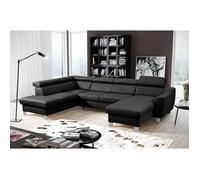 ASTON - Canapé panoramique d'angle convertible en cuir italien de luxe - 7/8 places - Méridienne à droite (vu de face) - Noir