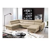 ASTON - Canapé panoramique d'angle convertible en cuir italien de luxe - 7/8 places - Méridienne à droite (vu de face) - Beige