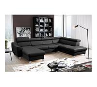 ASTON - Canapé panoramique d'angle convertible en cuir italien de luxe - 7/8 places - Méridienne à gauche (vu de face) - Noir