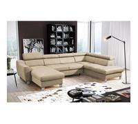 ASTON - Canapé panoramique d'angle convertible en cuir italien de luxe - 7/8 places - Méridienne à gauche (vu de face) - Beige