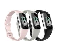 Astorgos 3 Pack Bracelet Fin Compatible avec Fitbit Charge 6/Charge 5 pour Femmes Hommes, Bracelet Étroit de Remplacement en TPE, Noir/Gris Roche/Rose Sable