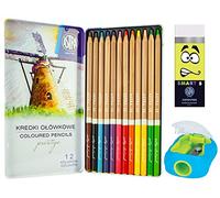 Astra Prestige Lot de 12 crayons de couleur dans une boîte métallique avec gomme intelligente et taille-crayon pour enfants et adultes (3 pièces)