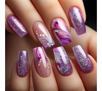 AstraGlam 24 pièces d'ongles à presser en violet avec lignes courbes - Faux ongles carrés mi-longs avec strass, dégradé rouge, look gel brillant et design ciel étoilé, ongles à coller