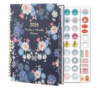 AstraGlam Agenda scolaire 2026 - Agenda A5 semaine par semaine de janvier à décembre, Bleu Noir, Reliure double spirale, Couverture rigide avec bande élastique, Inclus 155 autocollants de
