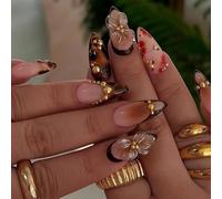 AstraGlam Medium Almond 3D Brun Fleur Dorée Faux Ongles Courtes à Presser Design Écaille de Tortue Léopard French Tip Deux Tons de Fleurs Dégradé, 24 Pièces Fait Main Gelée Gel sur Acrylique Faux