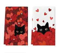 AstraGlam Serviettes de Cuisine en Microfibre - 2 Pièces, Serviettes de Vaisselle 45 x 66 cm, Chiffons décoratifs Chats Noirs & Cœurs Rouges, Doux & Absorbants, Design esthétique