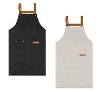 Astralong 2 Pièces Tablier de Cuisine Femme Homme, Tablier Chef de Travail Réglable, Tabliers Barbecue avec 3 Poches, Toile pour Jardinage, Restaurant, Barbecue, Café, Serveurs (Noir+Beige)