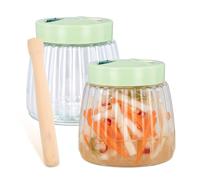 Astralong Lot de 2 Bocaux de Fermentation 1L avec Double Valve de Purge, Bocal en Verre avec Poids de Fermentation en Verre, Pilon en Bois, Récipient de Fermentation pour Kimchi, Choucroute,Confiture