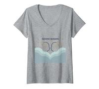 Astrologie de l'art du Zodiaque céleste de la Saison des Gémeaux T-Shirt avec Col en V, Femme, Gris Chiné, M