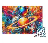Astronaute 1000 pièces Puzzle pour Adultes, Astronaute Tenant la planète Saturne dans Un Ciel néon, épais Robuste Haute qualité Vibrant Difficile Anti-Stress Cadeau 52x38cm/1000pcs