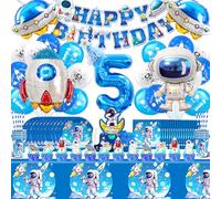 Astronaute Anniversaire Ballon 103 Pcs,5 Ans Espace Deco Anniversaire,Espace Vaisselle Fête Kit avec Nappe Assiette Serviette,Fusées Anniversaire Décoration Garçons Filles,Space Ballons à l'hélium