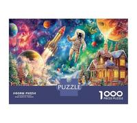 Astronaute dans Starry Town 1000 Pièces Puzzle Adultes Illustration de Science-Fiction Puzzle Premium Carton Recy fi Éducatif, Jeu À Domicile, Cadeau Génial pour Les Enfants Débutants 70x50cm