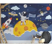 Astronaute De Bande Dessinée Planète Spatiale Nuages Papier Peint 3D Installation Facile Intissé Tapisserie Bureau Salon Canapé Chambre Décoration Murale-250cm×170cm