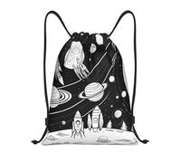 Astronaute et Alien Titre : Sac de sport léger avec cordon de serrage - Sac de sport pliable résistant à l'eau avec bandoulière réglable, idéal pour le sport, le yoga, les voyages et l'école, Noir , S